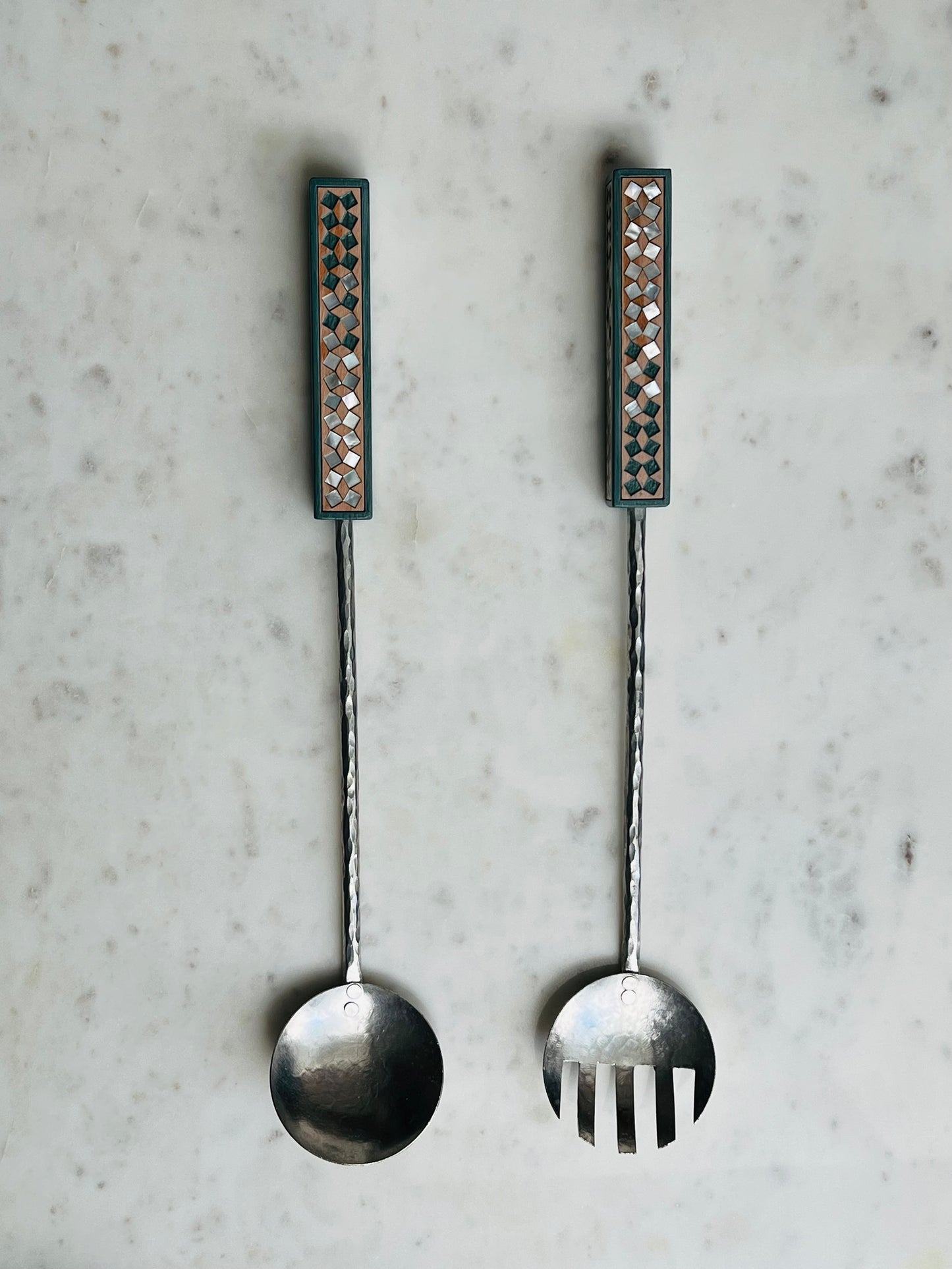 MAISON TARAZI - Teal Marquetry salad servers