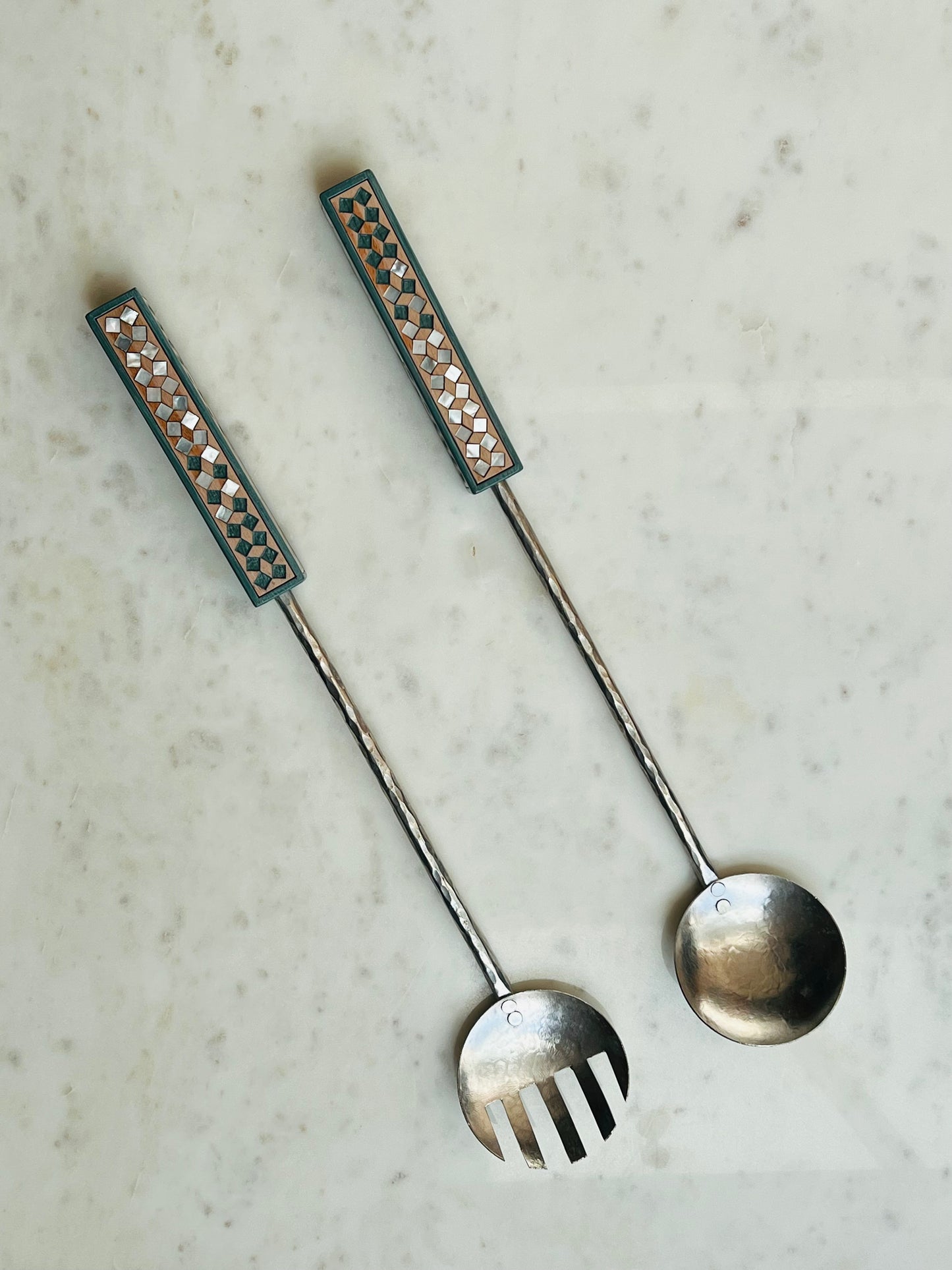 MAISON TARAZI - Teal Marquetry salad servers