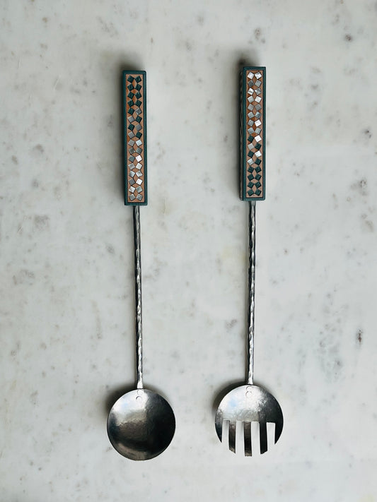 MAISON TARAZI - Teal Marquetry salad servers